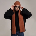 Knitted hooded scarf in caramel brick red with vertical stripe pattern and warm thick texture - Almond Brown