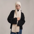 Beige ribbed knit hooded scarf balaclava for winter warmth with woven label detail - Off White