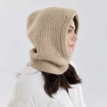 Classic khaki wool blend knitted balaclava hood scarf with thick ribbed texture - Dark Ginkgo