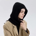 Black wool blend cable knit balaclava hood with thick texture for winter warmth - Ink Black
