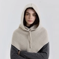 Cream knit balaclava hood with drawstring and ribbed texture for windproof winter warmth - Beige Grey