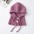Pink wool blend knitted balaclava with buttons and drawstrings for winter warmth - Purple Pink