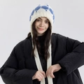 Winter knitted earflap beanie with blue snowflake patterns and long straps in cream white - Sky Blue
