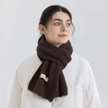 Dark brown ribbed knit scarf for women and men featuring a minimalist white woven label - Dark Coffee