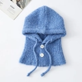 Blue bouclé wool blend balaclava hat with knitted texture and button closure - Blue