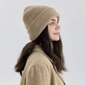 Double-layered thick wool knit beanie in khaki color with ribbed design and wide cuff - Apricot
