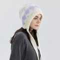 Knitted earflap beanie with purple cloud jacquard pattern in soft cream white yarn - Lilac Purple