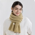Winter camel knitted scarf for women with rib pattern and decorative white fabric label - Khaki