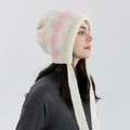 Winter knitted bonnet hat in beige with pink heart patterns and long ties - Sakura Pink