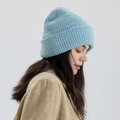 Sky blue double-layered wool blend knit beanie with a thick ribbed cuff for winter - Blue