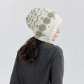 Winter knitted beanie in cream with olive green geometric jacquard pattern for women - Bud Green