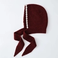 Elegant burgundy knit ear-flap bonnet with white pearl trim and cozy knitted ties - Burgundy