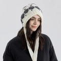 Women's white knitted beanie with grey dot patterns and warm earflaps with straps - Rock Grey