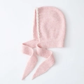 Pink knitted hooded hat with white pearl trim and tie straps for winter warmth - Sakura Pink