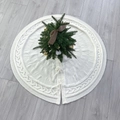 Chunky cable knit Christmas tree skirt in cream white with decorative bow ties - White Ruffled Tie Style B