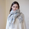 Grey cashmere-like plaid scarf with colorful polka dots and fringe details for women - Double Color Dot White