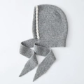 Gray knitted ear protection beanie with elegant white pearls and long ties - Gray