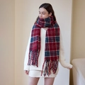 Deep red plaid faux cashmere scarf with navy check pattern and fringe tassel ends - BJ119 Multicolor Patchwork Plaid