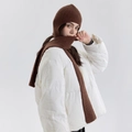Dark brown knitted hooded scarf and shawl wrap in ribbed wool blend for winter warmth - Reddish Brown