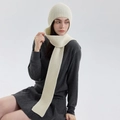 Chic beige knitted hooded scarf and shawl wrap for winter warmth in minimalist style - Apricot