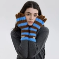 Fuzzy striped gloves in blue and brown plush knit for winter warmth and tech touch - Blue Coffee Stripe