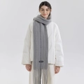 Retro grey wool blend striped scarf with tassels and brand woven label for winter style - Extended Version / Ice Gray