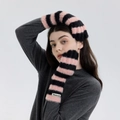 Pink and black striped fuzzy knit arm warmers with a fingerless design and brand tag - Pink Black Stripe