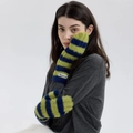 Striped green and navy blue fuzzy knit fingerless gloves with soft plush texture - Blue Green Striped
