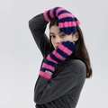 Pink and dark blue striped plush faux fur knit gloves with warm fluffy texture - Blue Purple Stripe