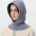 Women's grey knitted Balaclava hood with drawstring and ribbed neck for winter warmth - Dark Gray
