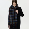 Thick brushed houndstooth scarf with colorful plaid pattern and fringe tassels - Blue Red Stripes