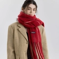 Sciarpa a righe in misto lana rossa con nappe spesse ed etichetta nera per l'inverno - Rosso