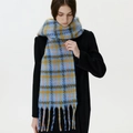 Sky blue brushed plaid scarf with tassels and fuzzy mohair texture for winter - Blue Orange Plaid