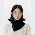 Black knitted neck warmer scarf with brown buttons for autumn winter fashion style - Ink Black