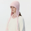 Gorro de aviador rosa de punto grueso con borlas trenzadas y orejeras para el invierno - Rosa Claro