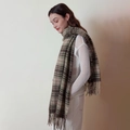 Green and pink plaid cashmere scarf with fringes shown on a model in white top - HJH1031 Retro Color Block Green