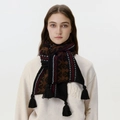 Écharpe rétro en laine mélangée avec motif Fair Isle et pompons noirs épais - Noir d'encre