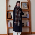 Vintage plaid scarf with navy and brown grid patterns and fringe details for winter - HJH Retro Color Block Coffee
