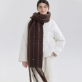 Deep brown wool blend scarf with light blue stripes and fringe tassels for winter - Extended Version / Dark Coffee