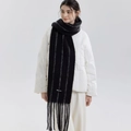 Winter wool blend scarf with black and dark grey vertical stripes and fringe details - Extended Version / Ink Black