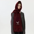 Dunkelrote Strickschal mit Fransen und elegantem Perlen-Schleifen-Detail für Damen - Weinrot