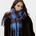 Thick faux cashmere scarf featuring a blue and brown oversized plaid pattern with fringes - Blue Brown Grid