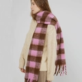 Pink and brown checkerboard cashmere-like thick winter scarf with fringed tassels - Pink Brown Grid