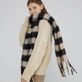 Thick checkered cashmere-like scarf with long tassels in black and beige plaid - Black Beige Grid