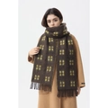 Deep brown and yellow plaid wool tassel scarf worn for a warm winter fashion style - Brown Yellow Checker