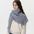 Grey wool-blend knitted triangle scarf with long tassels for women's winter warmth - Light Gray
