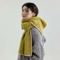 Lime green wool blend chunky knit scarf with contrast cream border for winter warmth - Walnut Yellow