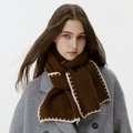 Dark brown knitted scarf with white contrast stitching detail for women winter fashion - Dark Coffee