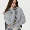 Soft grey knitted shoulder wrap featuring decorative brown buttons and rib-knit texture - Ice Gray