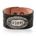 Brazalete de cuero negro vintage con placa metálica plateada grabada BeLieve - Negro